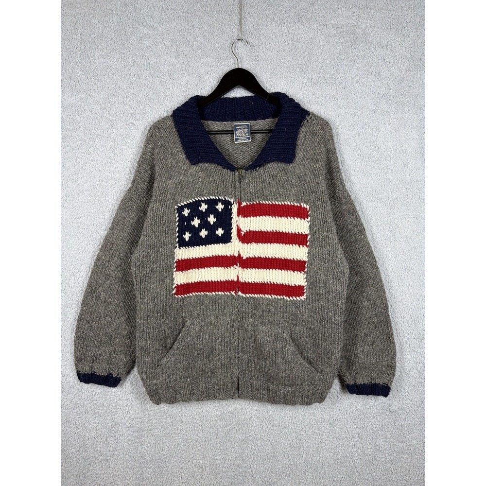 Vintage Tejidos Imalaya Mens Size L Wool Sweater American Flag Full Zip Ecuador